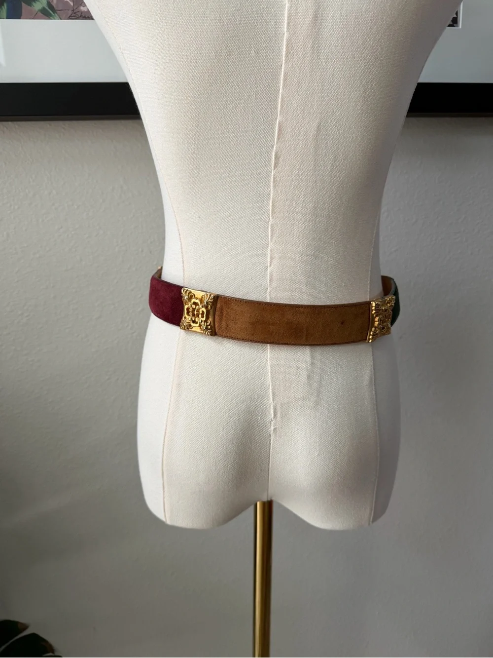 Vintage Brighton Multicolor Colorblock Suede Statement Brass Belt Sz Medium USA